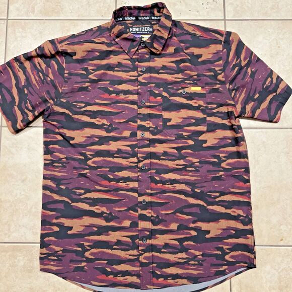 Howitzer Shirt Mens L Purple Tiger Stripe Camo Camp Hawaiian Patriot Military - Picture 1 of 8